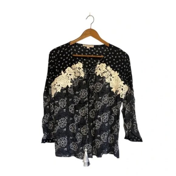 Ann Taylor Loft Dark Floral Print Lace Tassel Peasant Boho Long Sleeve Blouse - - Picture 5 of 11